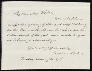 Letter from Caroline Porter to Caroline Weston, Tuesday morning, Dec. 20th, [1842?]