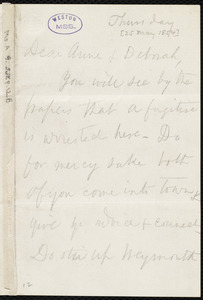Letter from Ann Terry Greene Phillips, [Boston?, Mass.], to Anne Warren Weston and Deborah Weston, Thursday, [May 25, 1854]