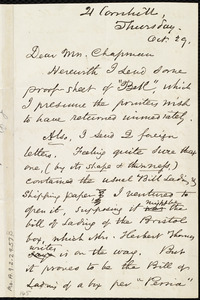 Letter from Samuel May, 21 Cornhill, [Boston, Mass.], to Maria Weston Chapman, Thursday, Oct. 29, [1857]
