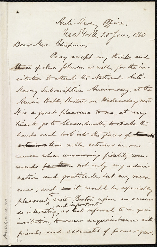 Letter from Oliver Johnson, Anti-Slavery Office, New York, to Maria ...