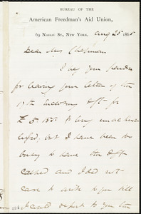 Letter from James Miller M'Kim, [New York], to Maria Weston Chapman, Aug. 25, 1865