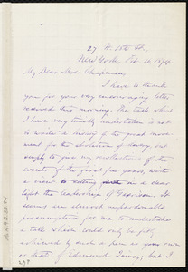 Letter from Oliver Johnson, 27 W. 18th St., New York, to Maria Weston Chapman, Feb. 16, 1874