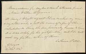 Memorandum from Catherine Paton, Glasgow, [Scotland], to Maria Weston Chapman, 16 Nov'r 1847