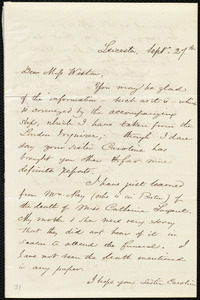 Letter from Samuel May, Leicester, [Mass.], to Miss Weston, Sept. 27th, [1852]