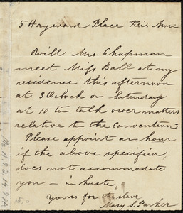 Letter from Mary S. Parker, 5 Hayward Place, [Boston, Mass.], to Maria Weston Chapman, Fri. morn