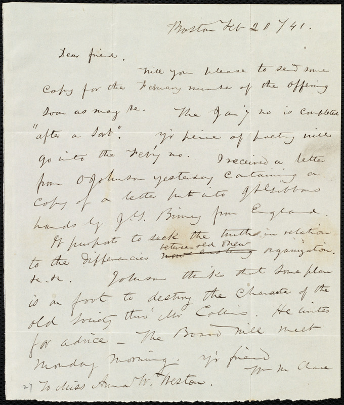 Letter from William M. Chace, Boston, [Mass.], to Anne Warren Weston ...