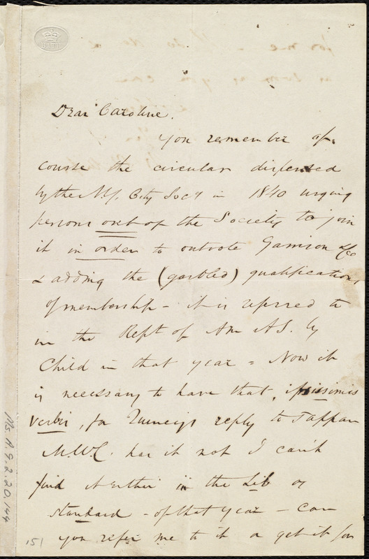 Letter from Wendell Phillips to Caroline Weston, [Not before 1841 ...