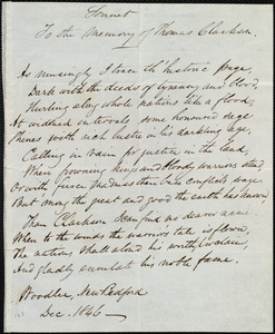 Sonnet to the memory of Thomas Clarkson from Daniel Ricketson, Woodlee, New Bedford, [Mass.], to Maria Weston Chapman, Dec. 1846