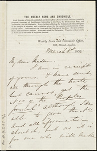 Letter from William Tweedie, Weekly News and Chronicle Office, 337, Strand, London, [England], to Maria Weston Chapman, March 1st, 1853