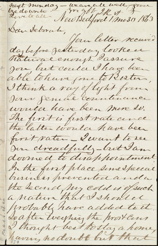 Letter from Joseph Ricketson, New Bedford, [Mass.], to Deborah Weston ...