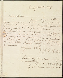 Letter from Hervey Eliphaz Weston, [New Haven, CT], to Anne Warren Weston, Monday, Oct. 12, 1835