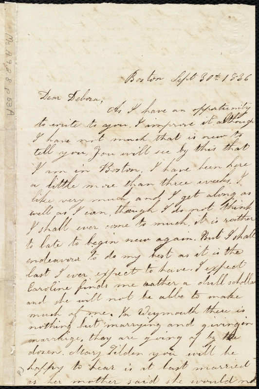 Letter from Lucretia Ann Cowing, Boston, [Mass.], to Deborah Weston ...