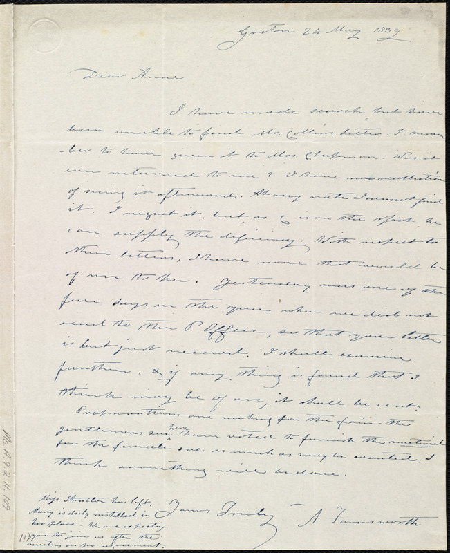 Letter from Amos Farnsworth, Groton, [Mass.], to Anne Warren Weston, 24 ...