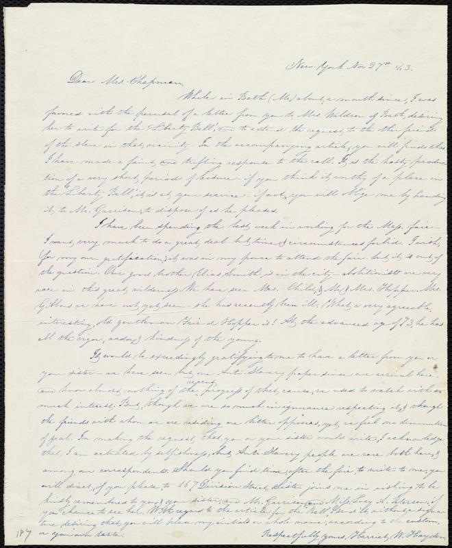 Letter from Harriet W. Hayden, New York, to Maria Weston Chapman, Nov ...