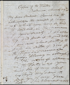 Letter from J. E. Snodgrass, Office of the "Visiter," Baltimore, [Md.], to Maria Weston Chapman, March 17th / [18]46