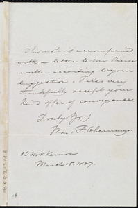 Letter from William Francis Channing, 83 Mt. Vernon [Street,] [Boston, Mass.], to Anne Warren Weston, March 15, 1847