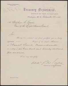 Appointment letter from Charles J. Folger, Secretary of the Treasury, to Stephen S. Lewis, 1883 December 28
