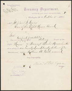 Transfer and appointment letter from Charles J. Folger, Secretary of the Treasury, to Stephen S. Lewis, 1883 October 2