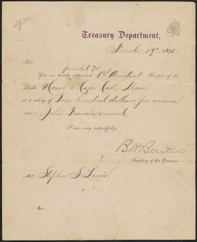 Appointment letter from Benjamin Helm Bristow, Secretary of the Treasury, to Stephen S. Lewis, 1875 November 29