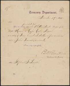 Appointment letter from Benjamin Helm Bristow, Secretary of the Treasury, to Stephen S. Lewis, 1875 November 29