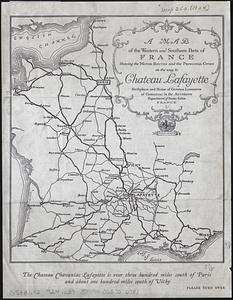 A map of the western and southern parts of France showing the motor routes and the principal cities on the way to Chateau Lafayette