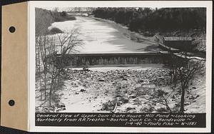 General view of upper dam, gatehouse, mill pond, looking northerly from railroad trestle, Boston Duck Co., Bondsville, Palmer, Mass., Jan. 4, 1940