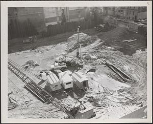 Construction of Boylston Building, Boston Public Library, oblique view of site