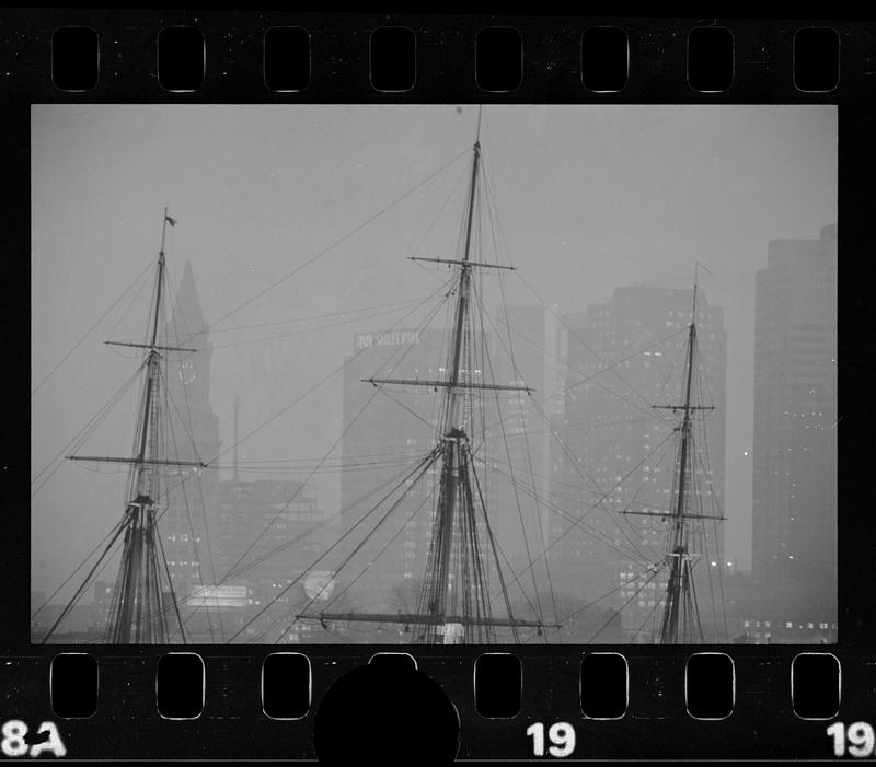 USS Constitution & skyline from Charlestown, downtown Boston