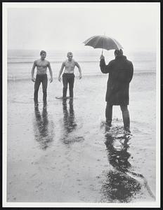 On Lynn Beach. Left. John Coukos. Gil Shaw. Enjoy a swim any time. Why offer an umbrella? (Chris Laganos on right). All of Lynn