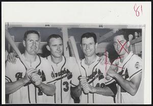Victory Smiles – Three members of the Milwaukee Braves give out with triumphant smiles after last night’s 8-2 victory over the Giants. Left to right are Catcher Del Crandall, Pitcher Lew Burdette, and Outfielder Andy Pafko.