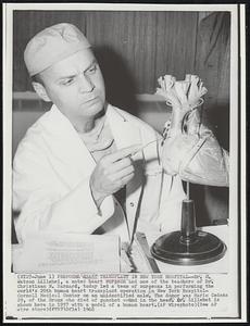 Performs Heart Transplant in New York Hospital -- Dr. C. Watson Lillehei, a noted heart surgeon and one of theteachers of Dr. Christiaan N. Barnard, today led a team of surgeons in performing the world's 20th human heart transplant operation in New York Hospital-Cornell Medical Center on an unidentified male. The donor was Mario Cedena 29, of the Bronx who died of gunshot wound in the head. Mr. Lillehei is shown here in 1957 with a model of a human heart.