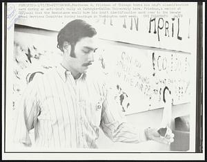 Steven R. Friedman of Chicago burns his draft classification card during an anti-draft rally at Carnegie-Mellon University here. Friedman, a senior at CMU, said that the Resistance would turn his draft identification card over to the Senate Armed Services Committee during hearings in Washington next week.