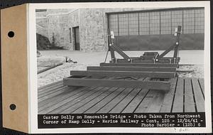 Contract No. 125, Constructing Marine Railway for Quabbin Reservoir, Belchertown, caster dolly on removable bridge, photo taken from northwest corner of ramp dolly, marine railway, Belchertown, Mass., Dec. 24, 1941