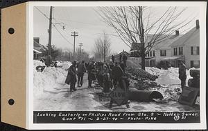 Contract No. 71, WPA Sewer Construction, Holden, looking easterly on Phillips Road from Sta. 9, Holden Sewer, Holden, Mass., Feb. 27, 1940