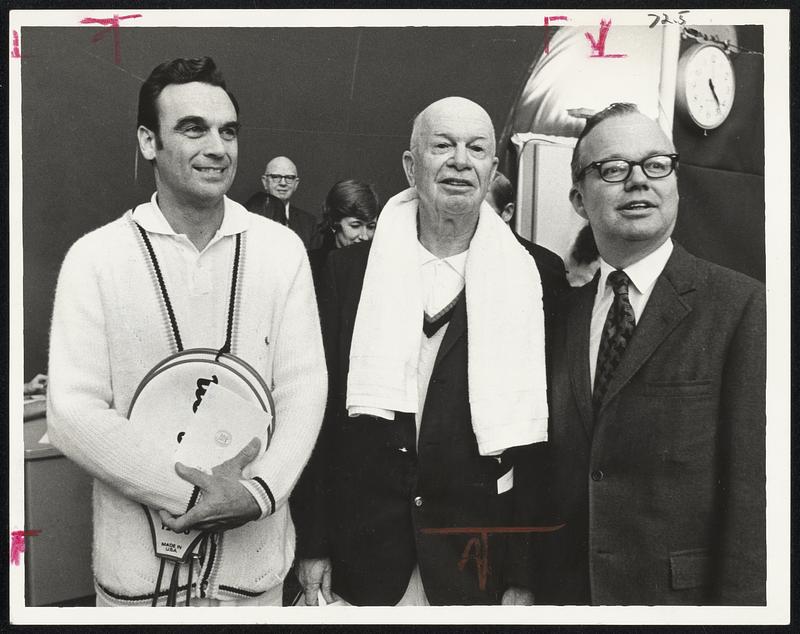 Dedication of new J. B. Carr Indoor Tennis Center at MIT was held yesterday. From left, former tennis great, Vic Seixas and J. B. Carr '16.