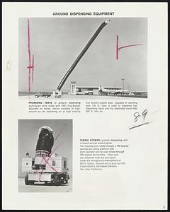 Ground dispensing equipment. Promising tests of ground dispensing techniques were made with FMC Fog-Sweep. Mounted on trailer, device consists of high-volume air fan delivering air at high velocity into flexible plastic tube. Capable of reaching over 100 ft., tube is used to dispense fog-dispersing liquid and dry chemicals more that 200 ft. into air. Tubing stowed, ground dispensing unit is towed across airport apron. Fan housing can rotate through a 180 degree vertical arc, while platform with both operator and fan can rotate through 360 degree horizontally. Thus, unit can dispense both dry and liquid materials throughout a hemisphere of 200 ft. radius. Ground unit is built by FMC Corporation's John Bean Division, San Jose, California.