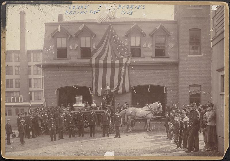 Fire department company in front of Foster Street fire house