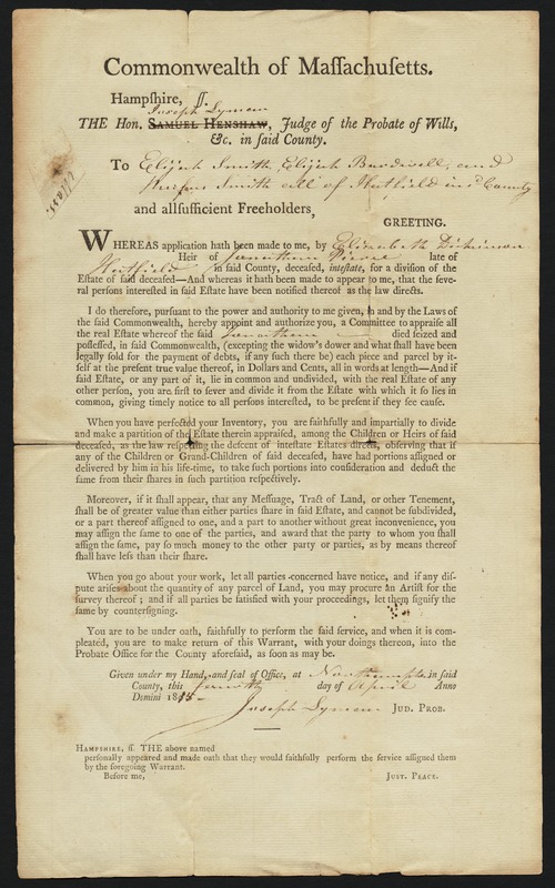 Probate warrant; Elizabeth Dickinson, applicant, 1815
