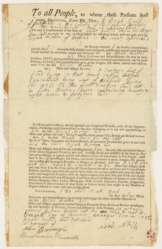 Land deed, Noah Nash to Elijah Morton, 1782