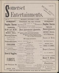 Somerset Entertainments, Music Hall, second season, Monday October 6, 1879