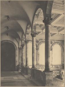 BPL McKim Building interior, second floor logia [i.e. loggia] and top of the main staircase showing one lion