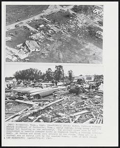 Tornado Wrecks Homes, Cars--A tornado struck southeast of Rochester, Minn., early Sunday, doing heavy property damage but injuring no one seriously. Top picture shows some of the demolished or heavily damaged homes in Edgewood Court, a housing development. At bottom are shown cars wrecked by the storm. They are in a virtual sea of debris left by the smashed homes.