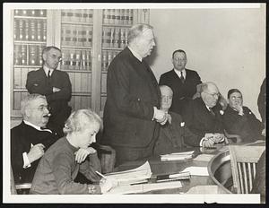 Textile Hearing. L-R Thomas Curley, Geraldine Murphy - secy to Comm Moriarty, Mayor Frederic W. Mansfield, Eugene McSweeney, Arthur L. Race, John J. Carney