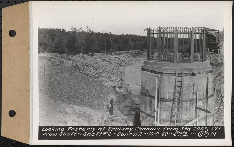 Contract No. 112, Spillway at Shaft 2 of Quabbin Aqueduct, Holden, looking easterly at spillway channel from Sta. 200 degrees, 77 feet from shaft, Shaft 2, Holden, Mass., Oct. 9, 1940