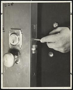 Picture #3. During the day your business door is opened on an average of 50 times a day, while at home the door is opened an average of 15 times a day. A phony salesman or solicitor can engage you in conversation in the doorway while unnoticed he goes to work with a tiny pocket screwdriver and gives those two screws above the cylinder a few turns. It takes only two seconds.