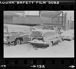 Cars covered in snow during storm