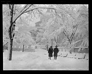 Two people stand in snow