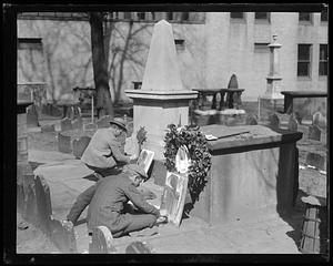 Two men sketching King's Chapel from King's Chapel Burying Ground, Boston