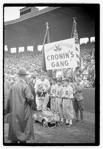 Joe Cronin in front of a sign "Cronin's Gang", Fenway Park