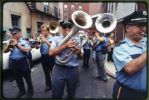 Boston - N. End 1981 - Members of a band play during the procession of St. Anthony's statue during St. Anthony's Feast